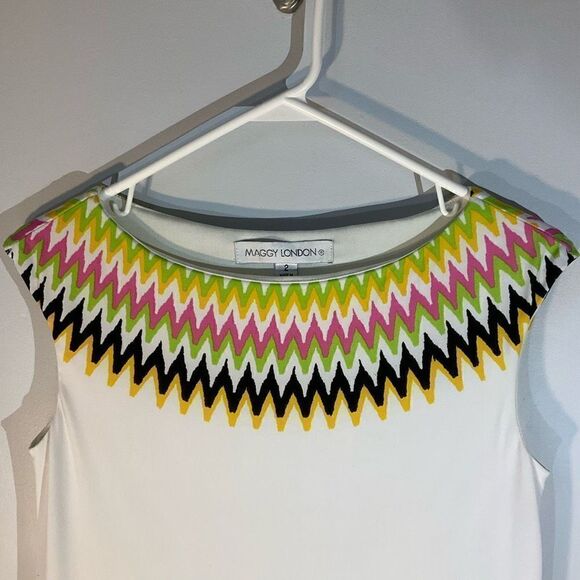 Cap Sleeve Sheath Dress. White with multicolor dopamine zigzag details, 2 - Picture 5 of 10